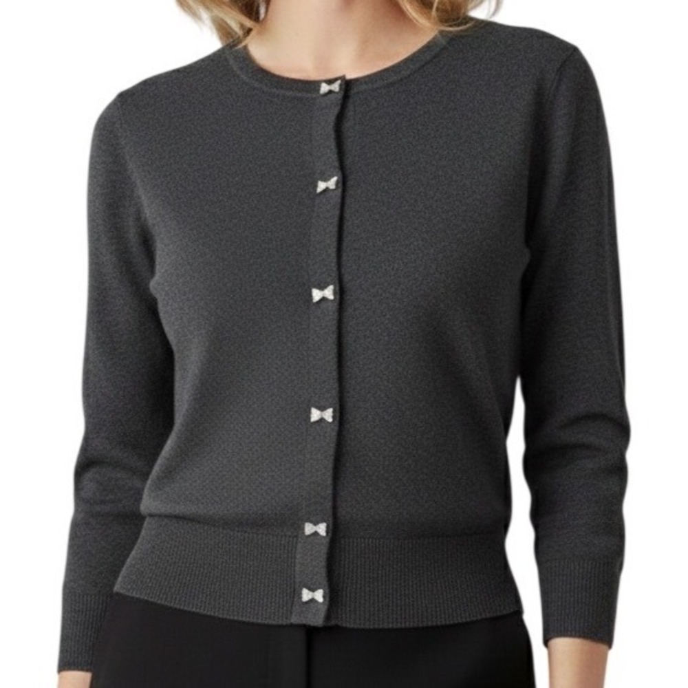Spense Women's Grey Cardigan Sweater Crystal‎ Bow Buttons Long Sleeve M